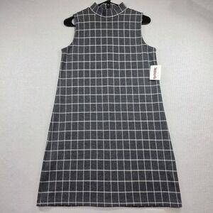 PARAPHRASE Gray Grid Plaid Mock Neck Zip Back Shift Dress Size S Mod Preppy